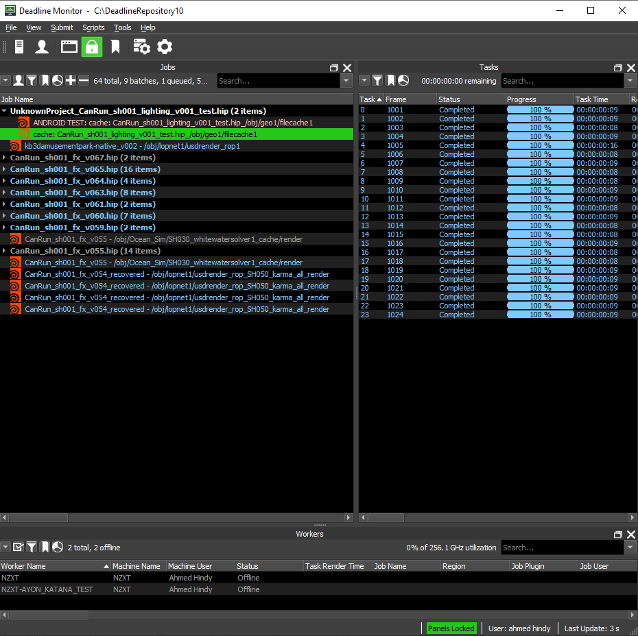 Deadline Monitor showing Houdini render jobs and completed tasks