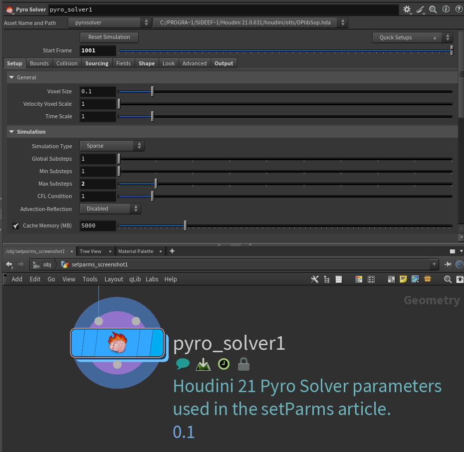 Houdini 21 Pyro Solver with Start Frame, Time Scale, and Max Substeps visible