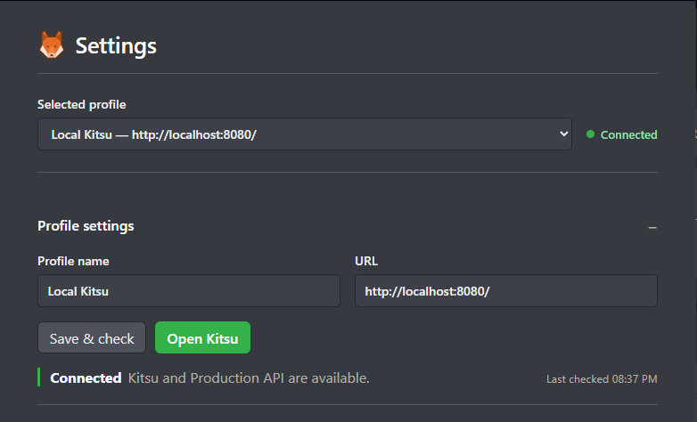Kitsu Desktop connection settings