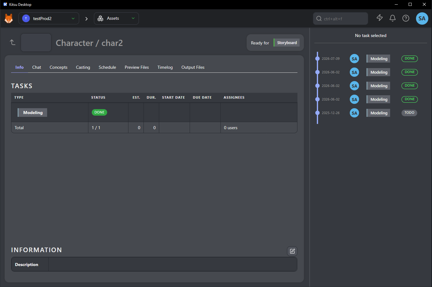 Kitsu workspace open in Kitsu Desktop